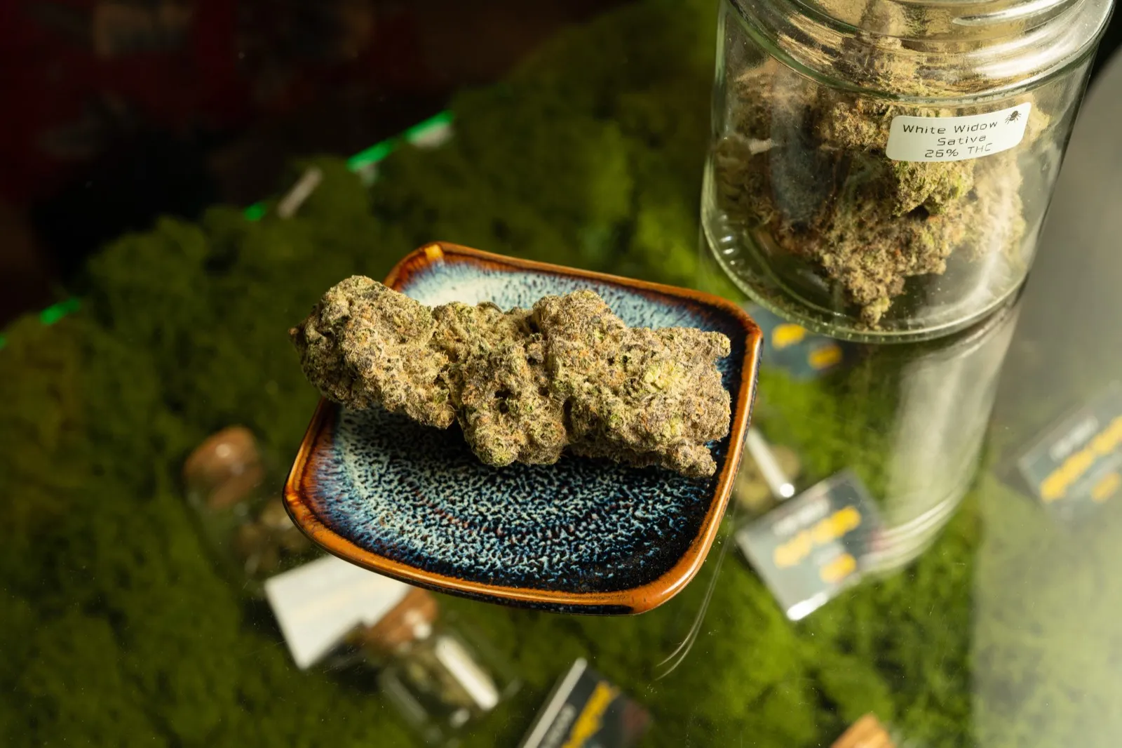 Close-up of a premium cannabis bud at The Hub's cannabis-friendly lounge, Ao Nang