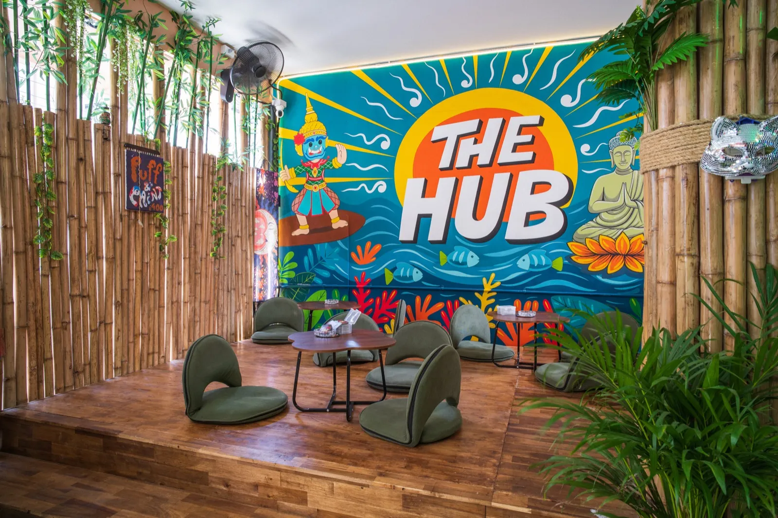 The on-site weed shop and mural-painted cannabis lounge at The Hub Laidback Hostel, Ao Nang